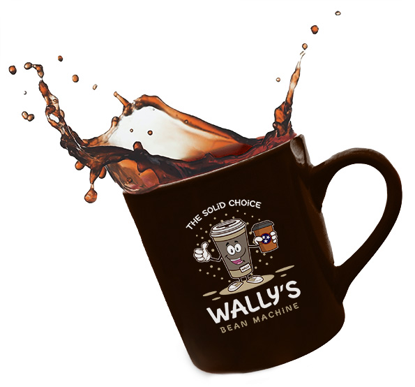 Wallys Bean Machine Logo on a cup of coffee